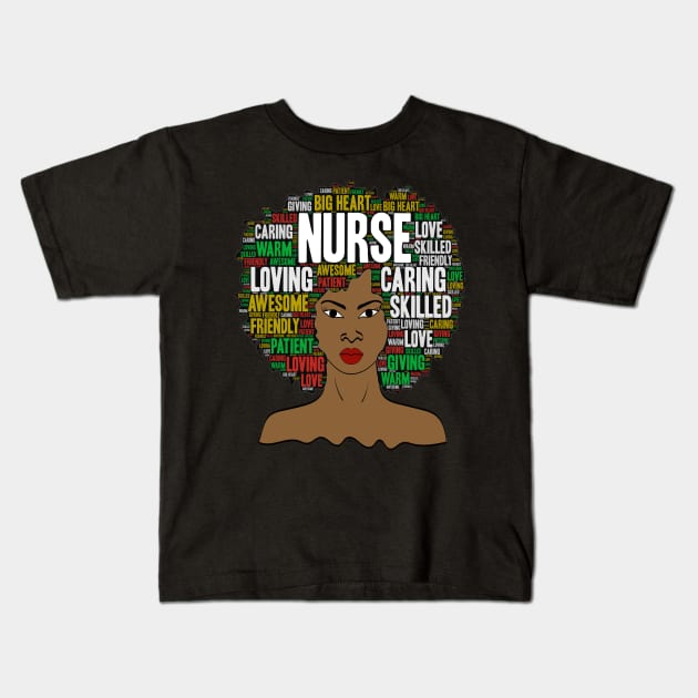 Black Nurse Afro Word Art Kids T-Shirt by blackartmattersshop